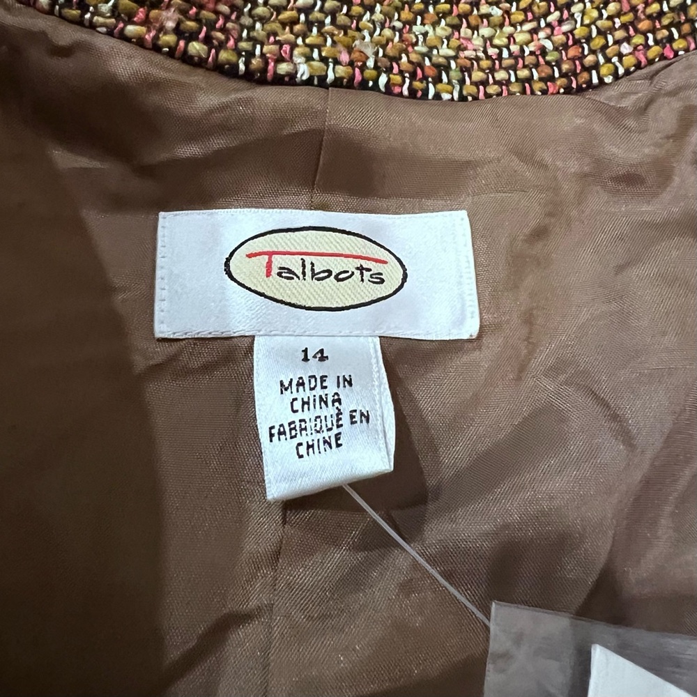 TALBOTS Tweed Brown Tan Green Crop Lined Blazer with Peplum Silk Blend SZ 14 - Picture 9 of 12